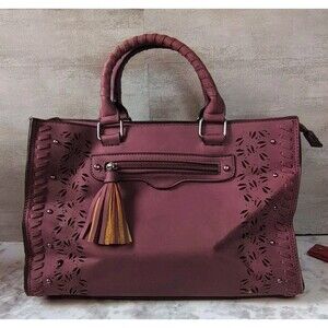 Burgundy Satchel Handbag Laser Cut Floral Studded Tassel Crossbody Purse